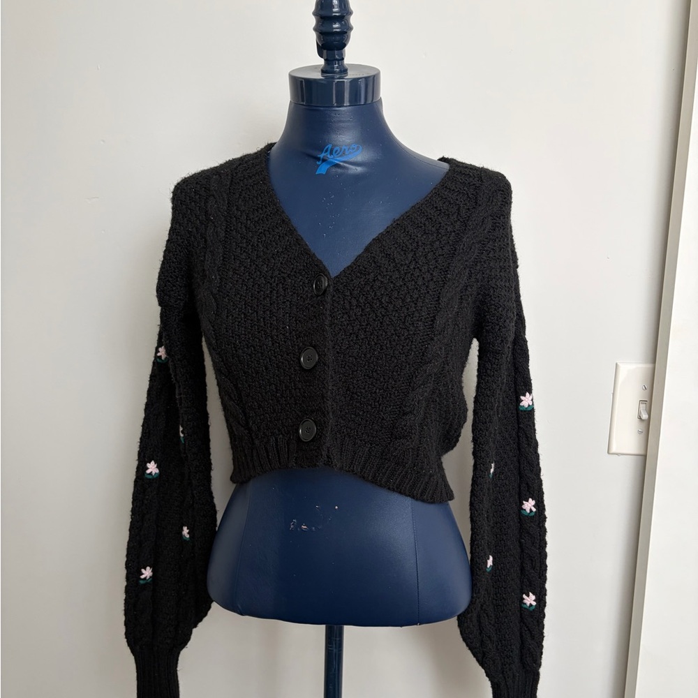 wild fable Black Cropped Cable-Knit V-Neck Cardigan with Pink Embroidery
